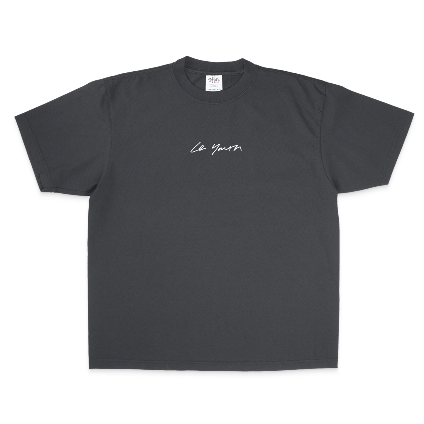 Black t-shirt with white text on a white background
